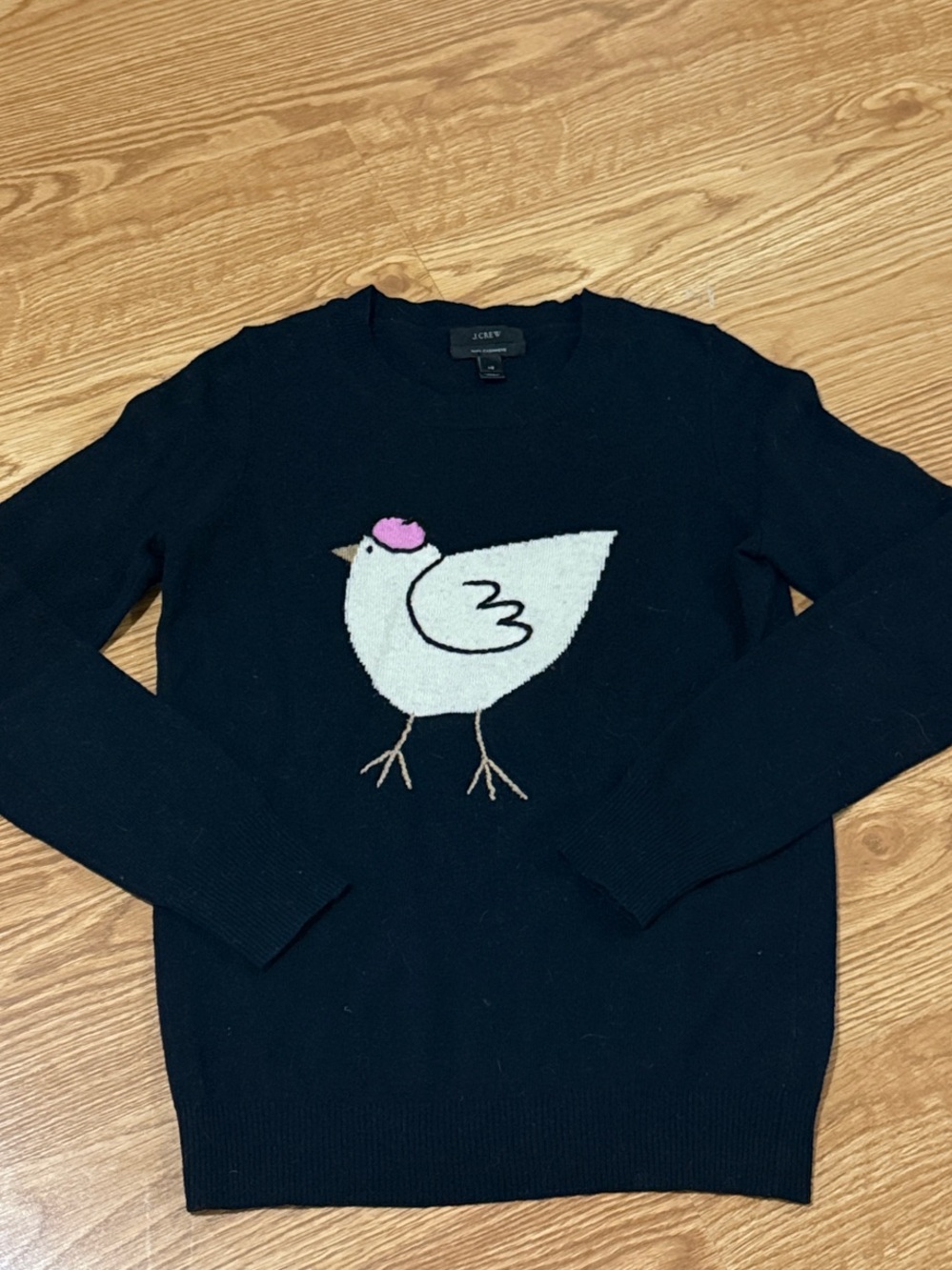 J. Crew Cashmere Black Sweater with White Bird and Pink Hat